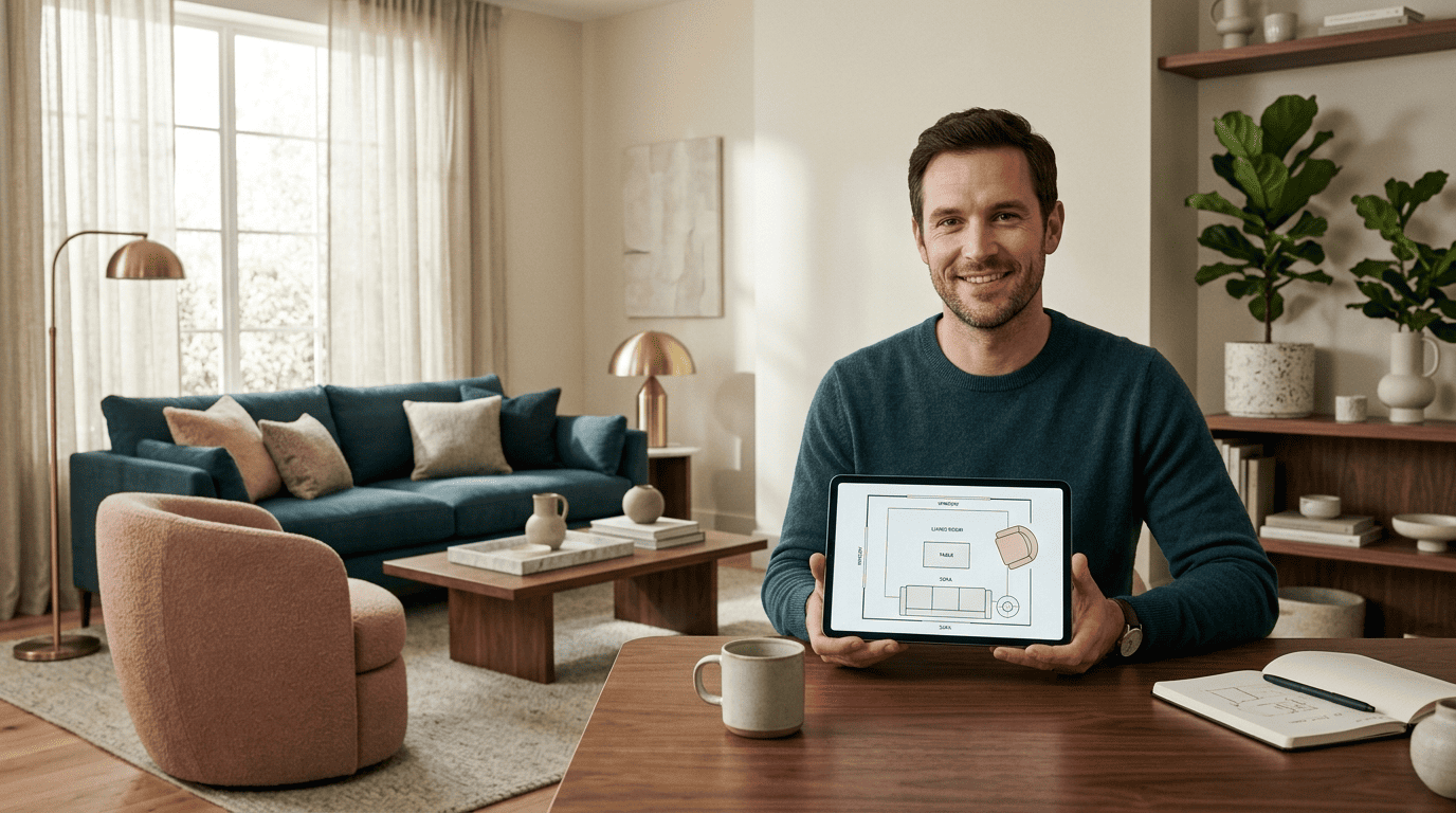 Home designer holding a tablet that shows the furniture floor plan of the contemporary living room behind him