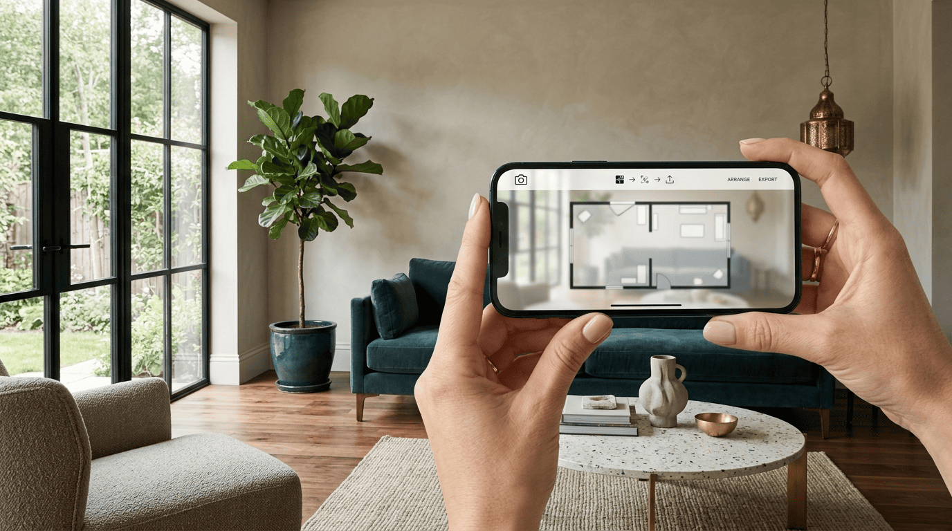 Phone photographing a living room while the app turns it into a scaled 2D floor plan on screen
