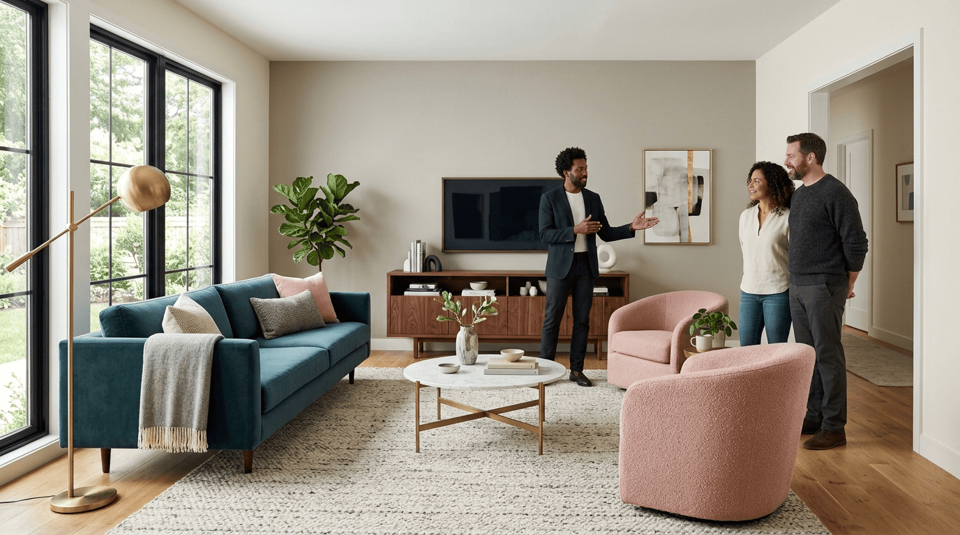 Contemporary living room arranged with clear walkways, a floated sofa, and front legs of seating resting on the rug