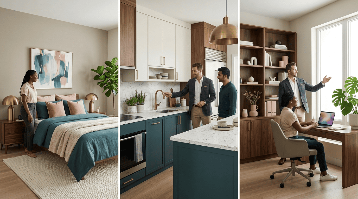 Three-panel grid of a bedroom, kitchen work triangle, and home office each arranged by room-specific rules