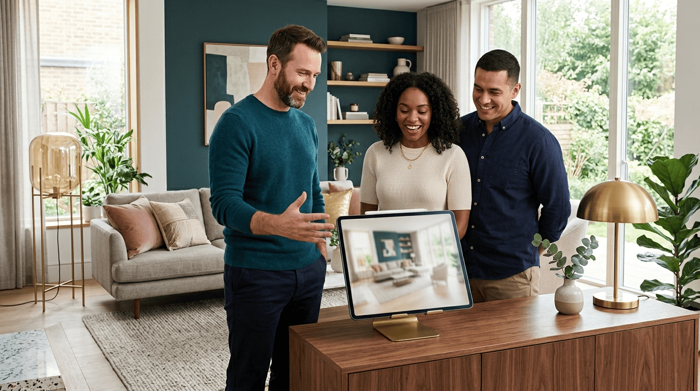 Designer and homeowners reviewing a 3D render of the finished room layout on a tablet in the real room