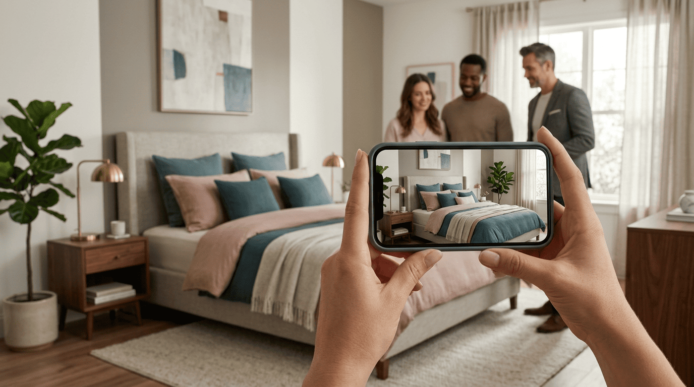 Homeowner holds a phone showing an AI redesign preview of their bedroom