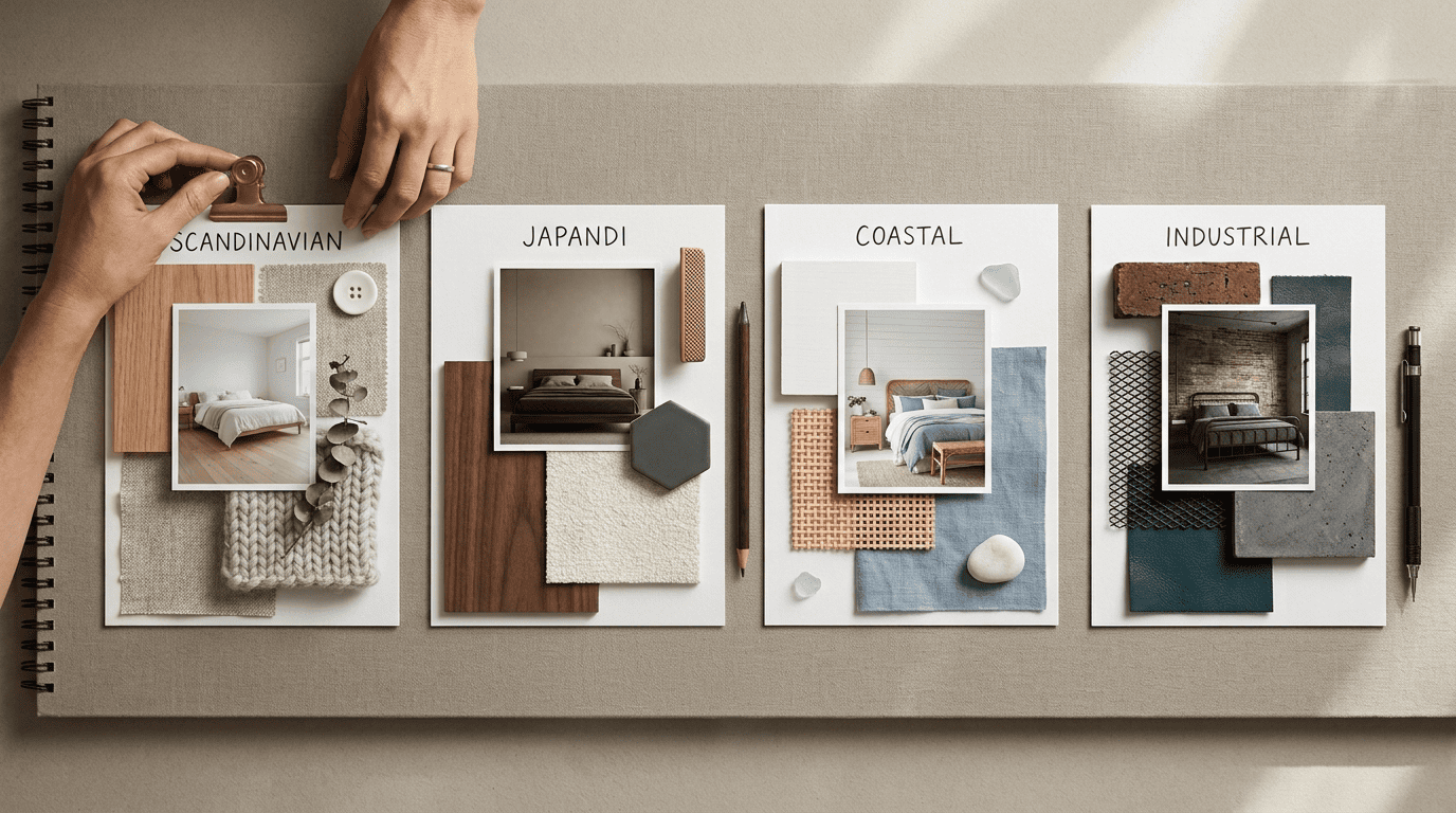 Bedroom-style moodboard comparing Scandinavian, Japandi, Coastal and Industrial materials