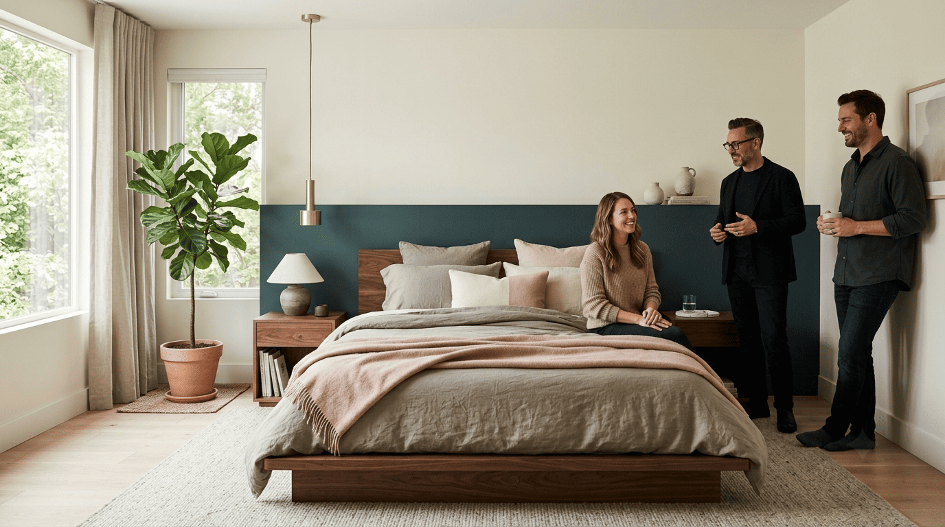 Serene calm Japandi-Scandinavian bedroom with a low walnut bed, linen bedding and natural light