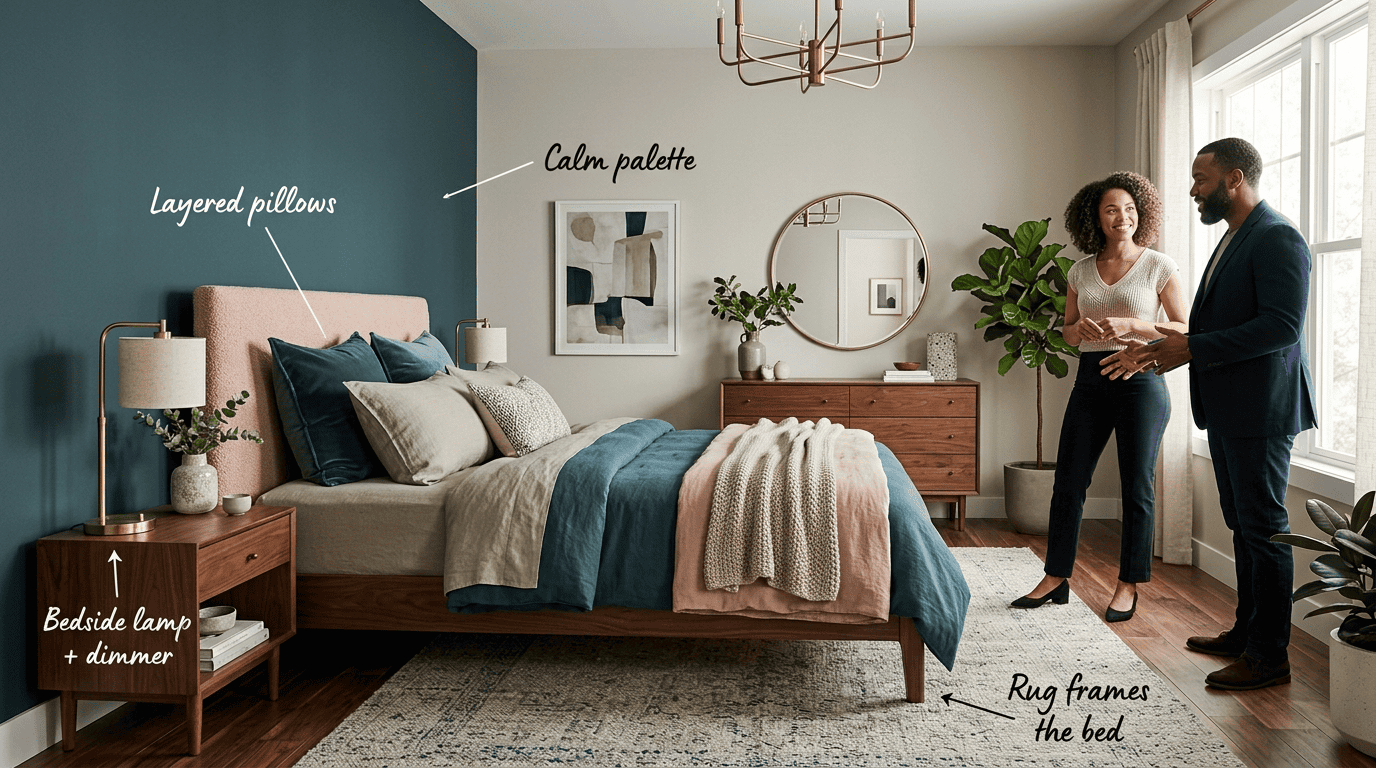 Styled bedroom annotated with layered pillows, rug framing the bed, bedside lamp and calm palette