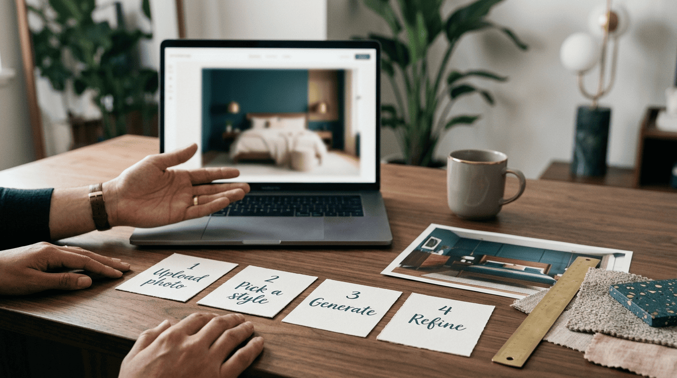 Laptop bedroom-design app beside numbered upload, style, generate and refine cards on a desk