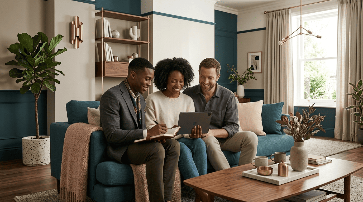 A couple on a sofa browse AI-generated living room design concepts on a tablet