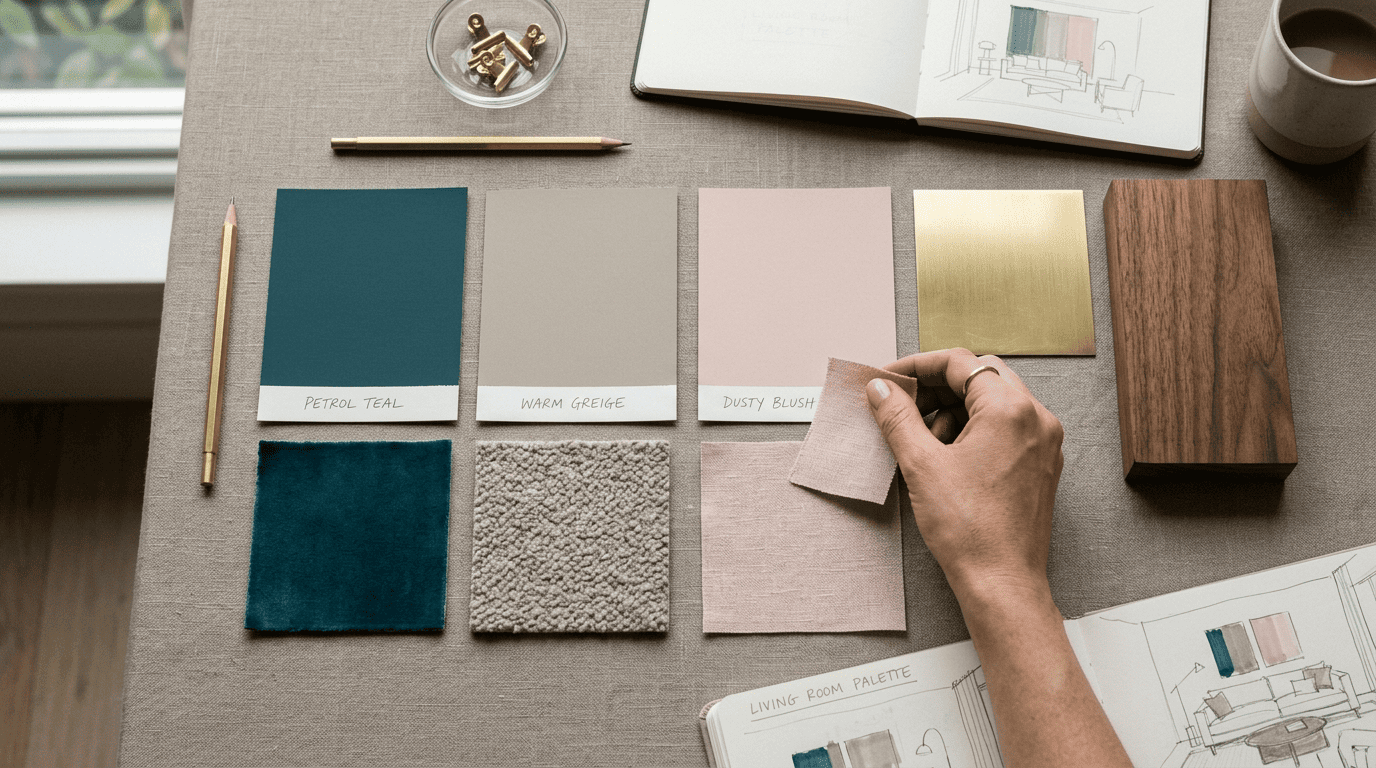 A living-room color-palette board with petrol teal, warm greige, and dusty blush swatches