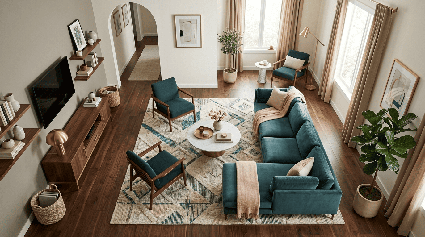 Top-down view of a living room layout showing furniture arrangement and clear walkways