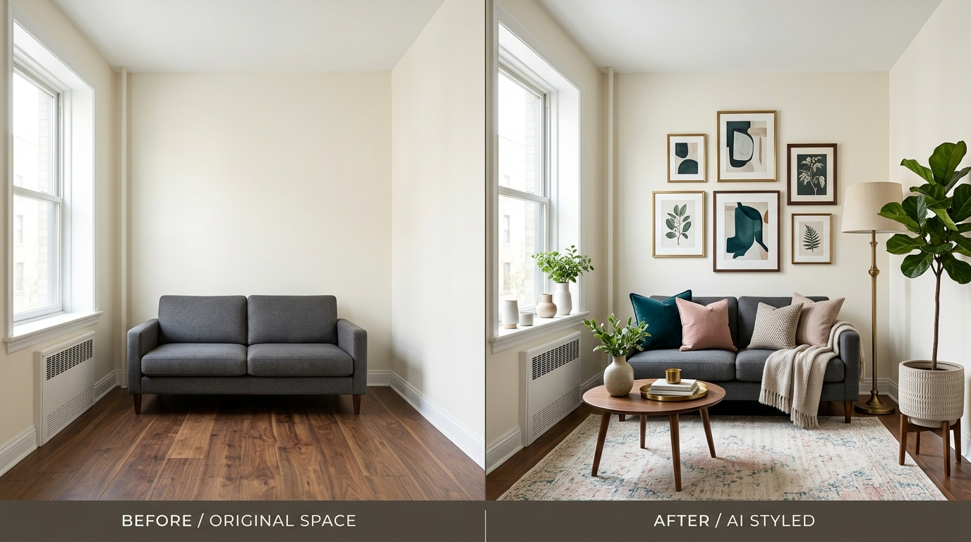 Before-and-after of a small living room with decor added while keeping the same sofa