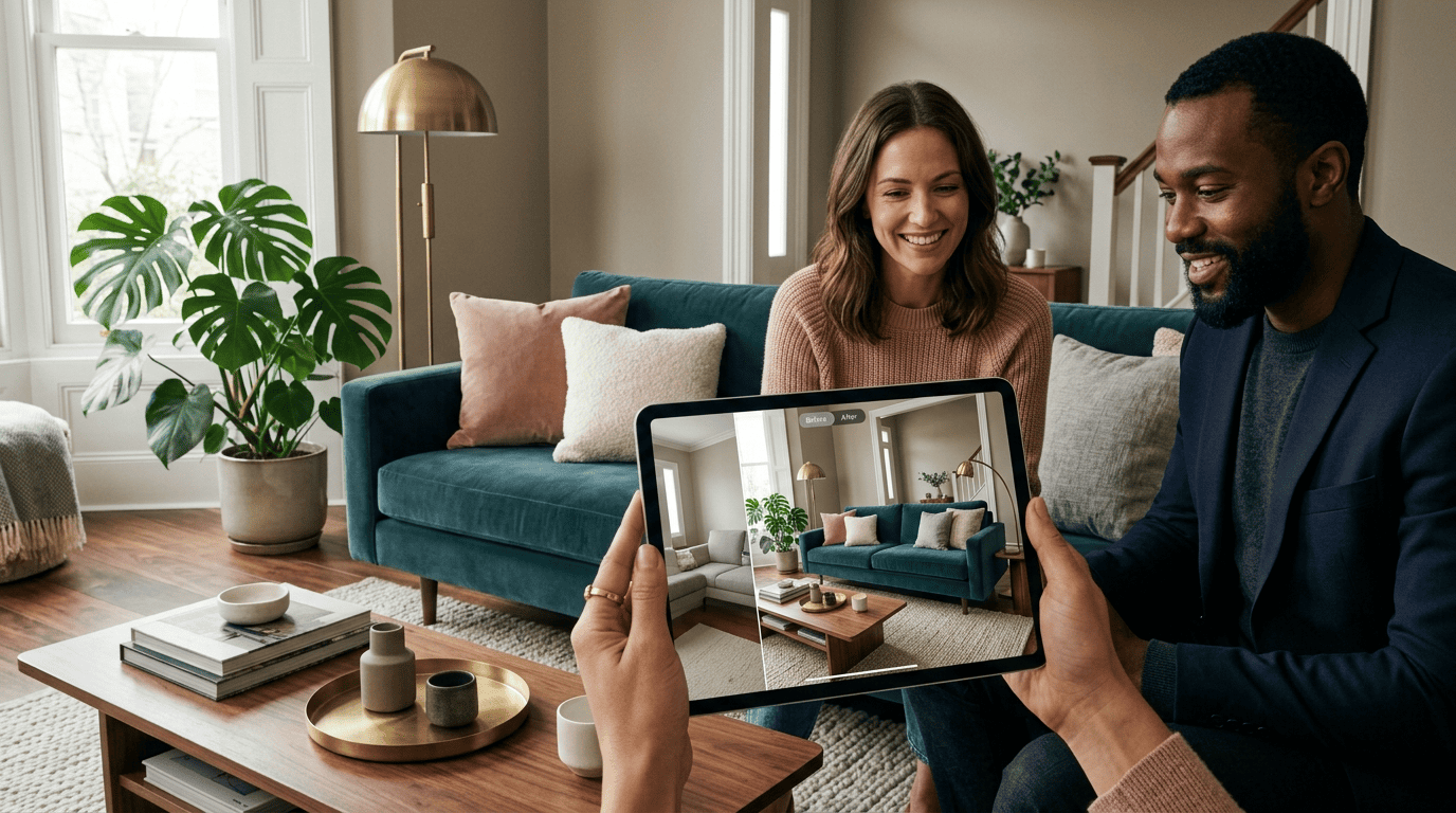 A home designer and homeowner reviewing an AI moodboard on a tablet in a contemporary living room