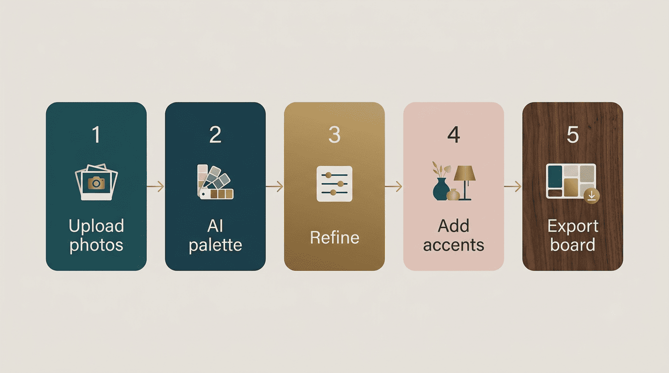 Five-step diagram of how an AI moodboard is built: upload photos, AI palette, refine, add accents, export board