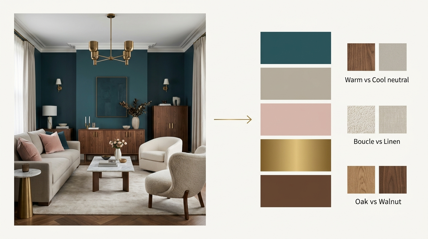 AI extracting a color palette and material pairings from a contemporary room photo