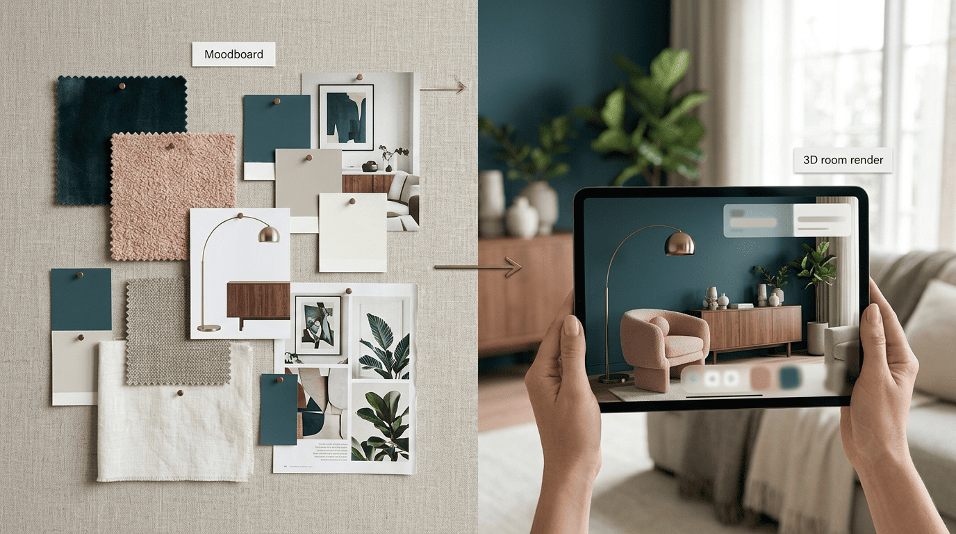 Before and after: a flat pinned moodboard on the left, a photoreal 3D room render on a tablet on the right