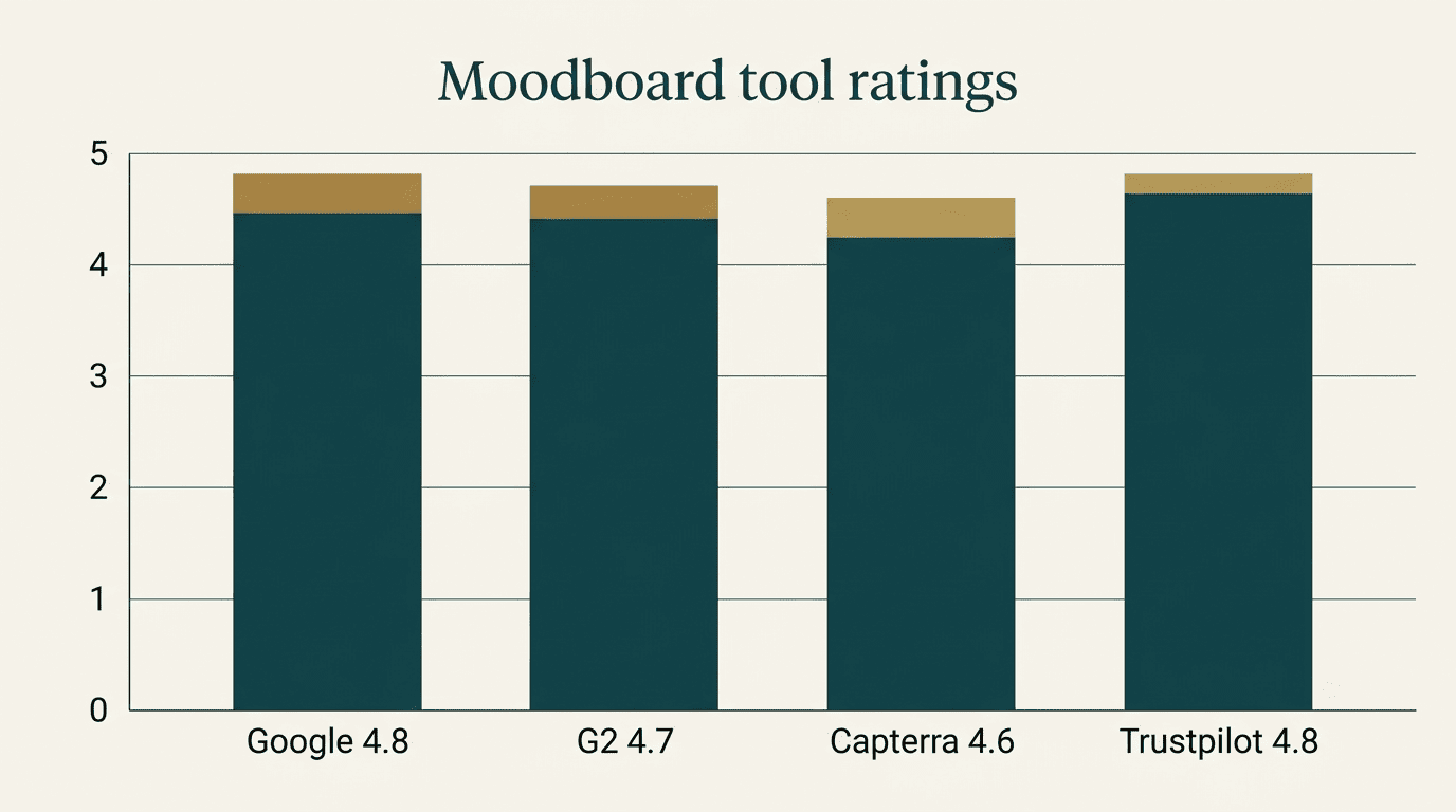 Bar chart of moodboard tool ratings: Google 4.8, G2 4.7, Capterra 4.6, Trustpilot 4.8