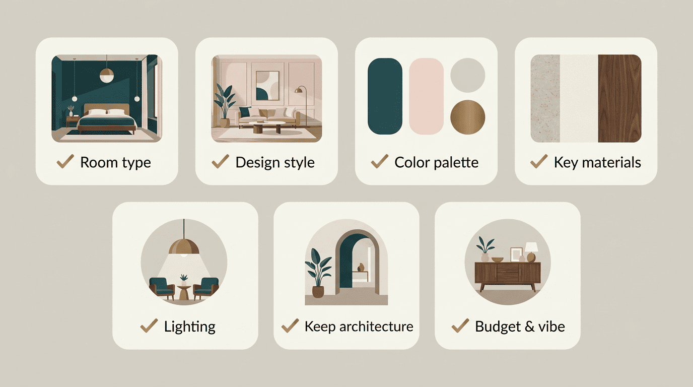 Checklist of seven prompt elements: room type, design style, color palette, key materials, lighting, keep architecture, budget and vibe