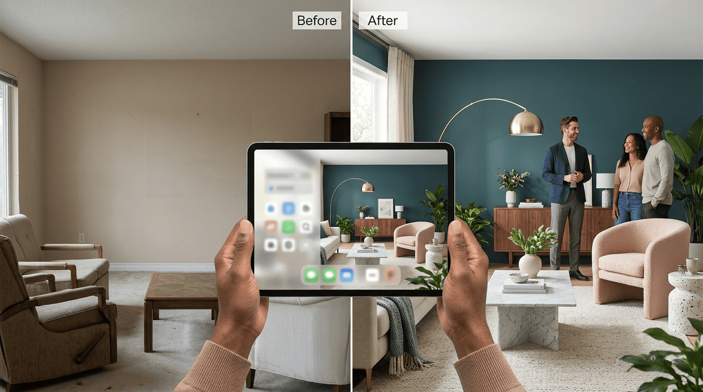 Before-and-after of a living room renovation with a homeowner previewing the redesign on a tablet