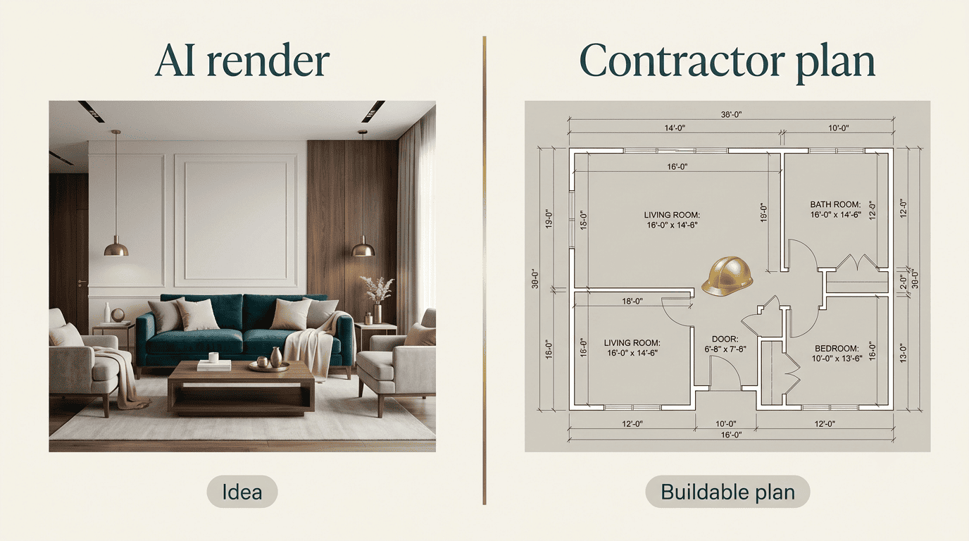 Comparison of an AI render on the left and a contractor's dimensioned floor plan on the right