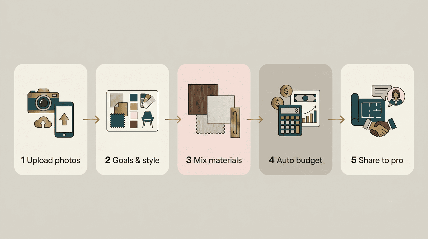 Five-step AI renovation planning flow: upload photos, goals and style, mix materials, auto budget, share to pro
