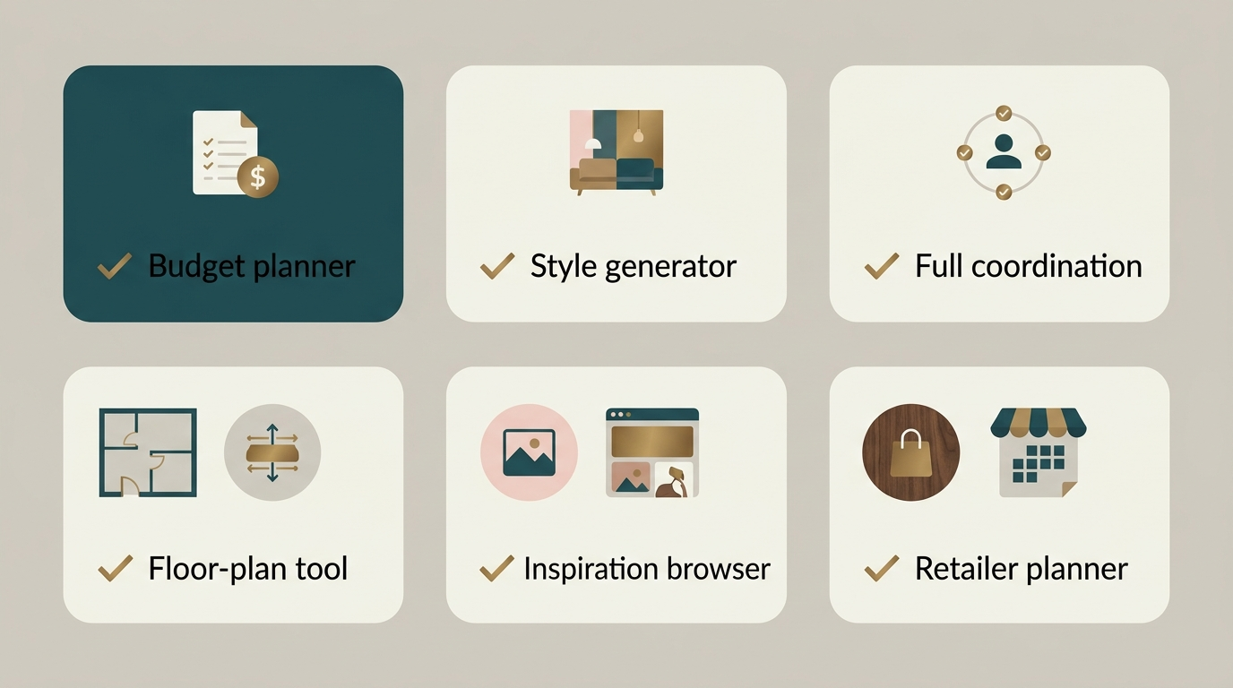 Six AI renovation tool types: budget planner, style generator, full coordination, floor-plan tool, inspiration browser, retailer planner