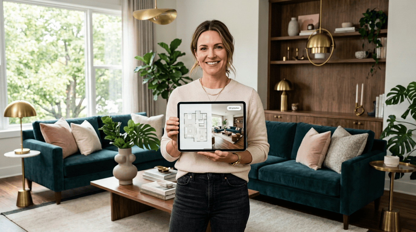 Homeowner previewing a 3D floor plan and room render of a renovation on a tablet inside the actual room