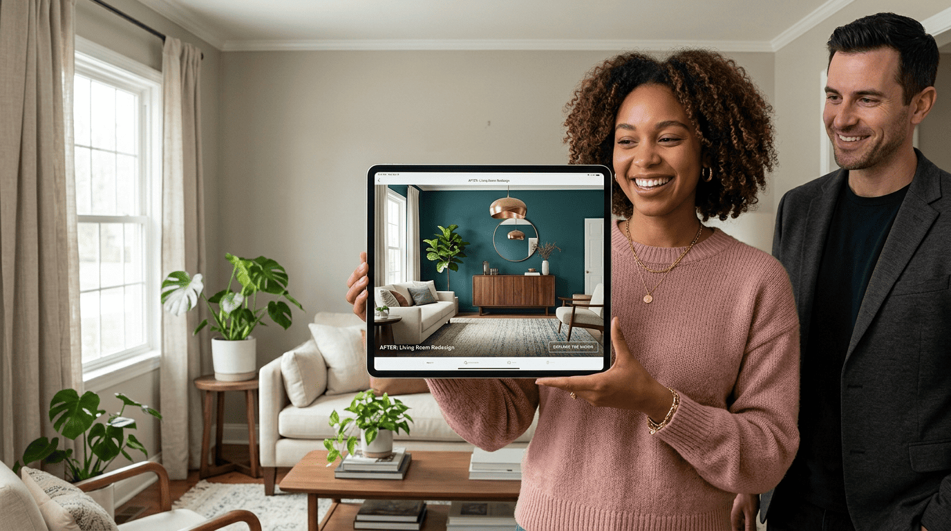 A homeowner holds a tablet showing an AI-redesigned version of her real living room
