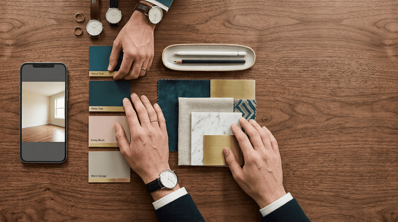 Flat-lay showing the photo-to-design workflow: a phone photo of an empty room, material swatches, and a finished render