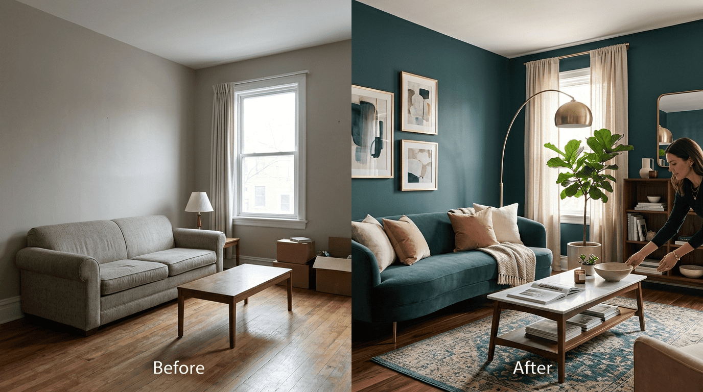 Before-and-after split of one living room, plain on the left and redesigned on the right