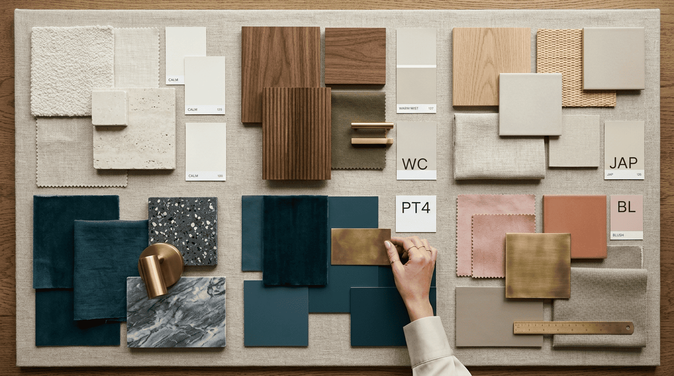 An interior-design moodboard with swatch clusters representing different decor styles