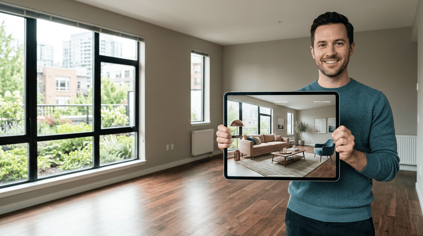 A designer holds a tablet showing a virtually staged version of an empty apartment