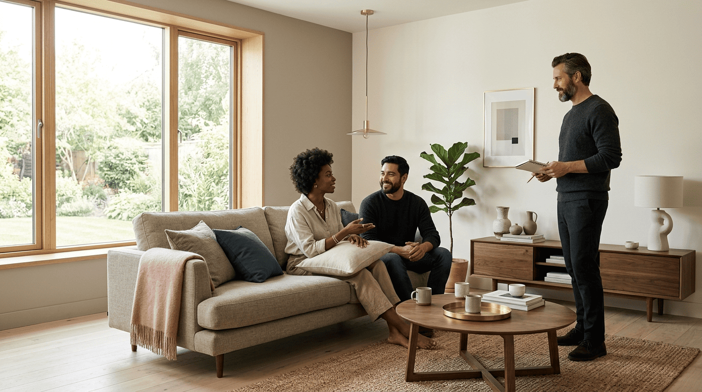 Calm Scandinavian-Japandi living room with light oak, linen upholstery and natural light