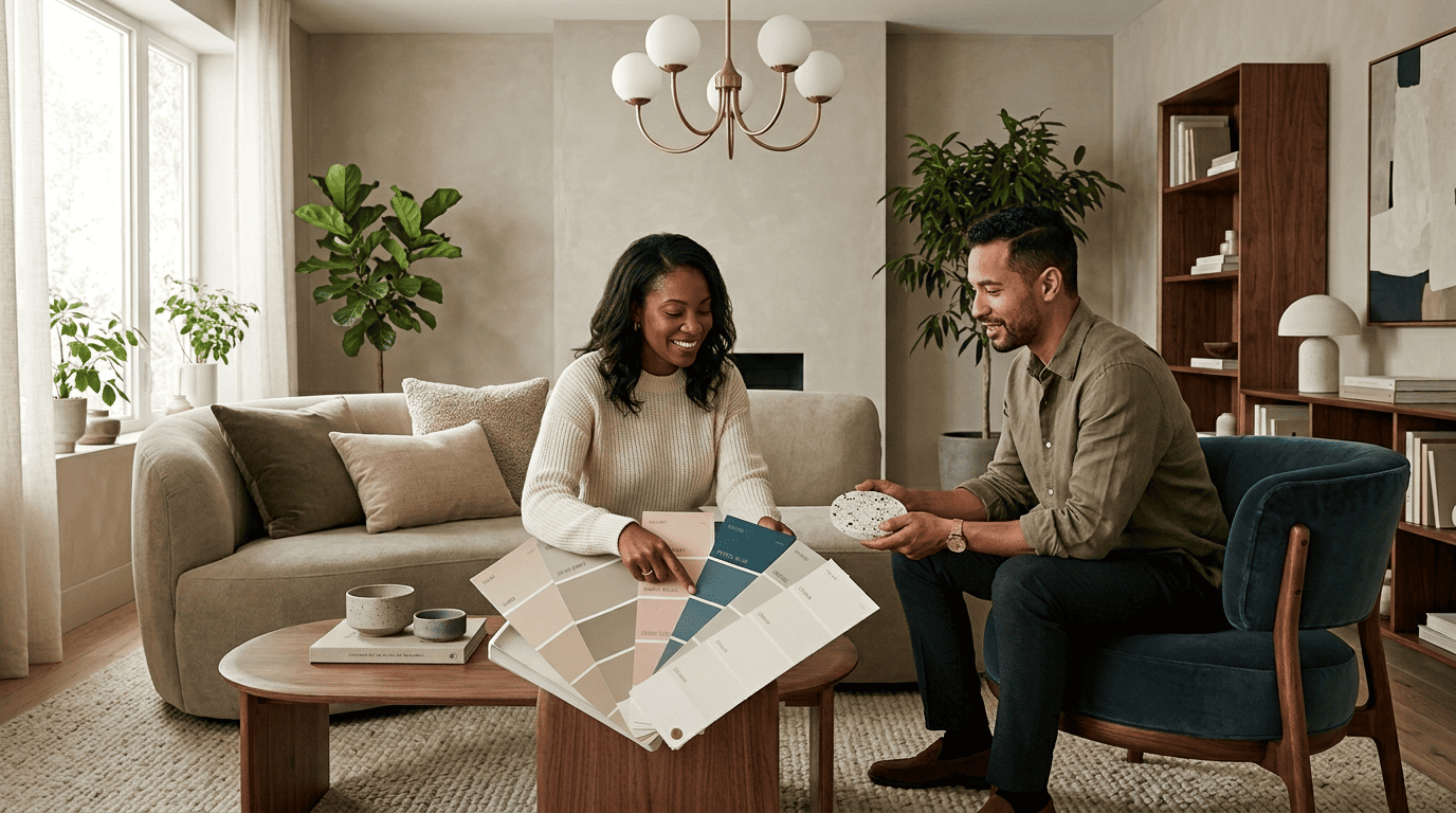 Organic Modern living room in a warm sand and olive palette with paint swatches