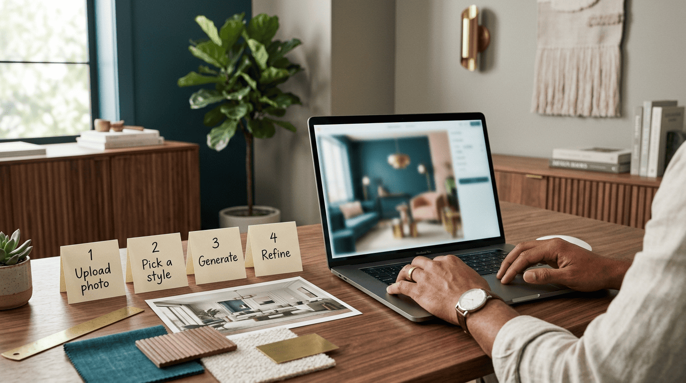 Designer using a laptop room-design app beside numbered upload, style, generate and refine cards