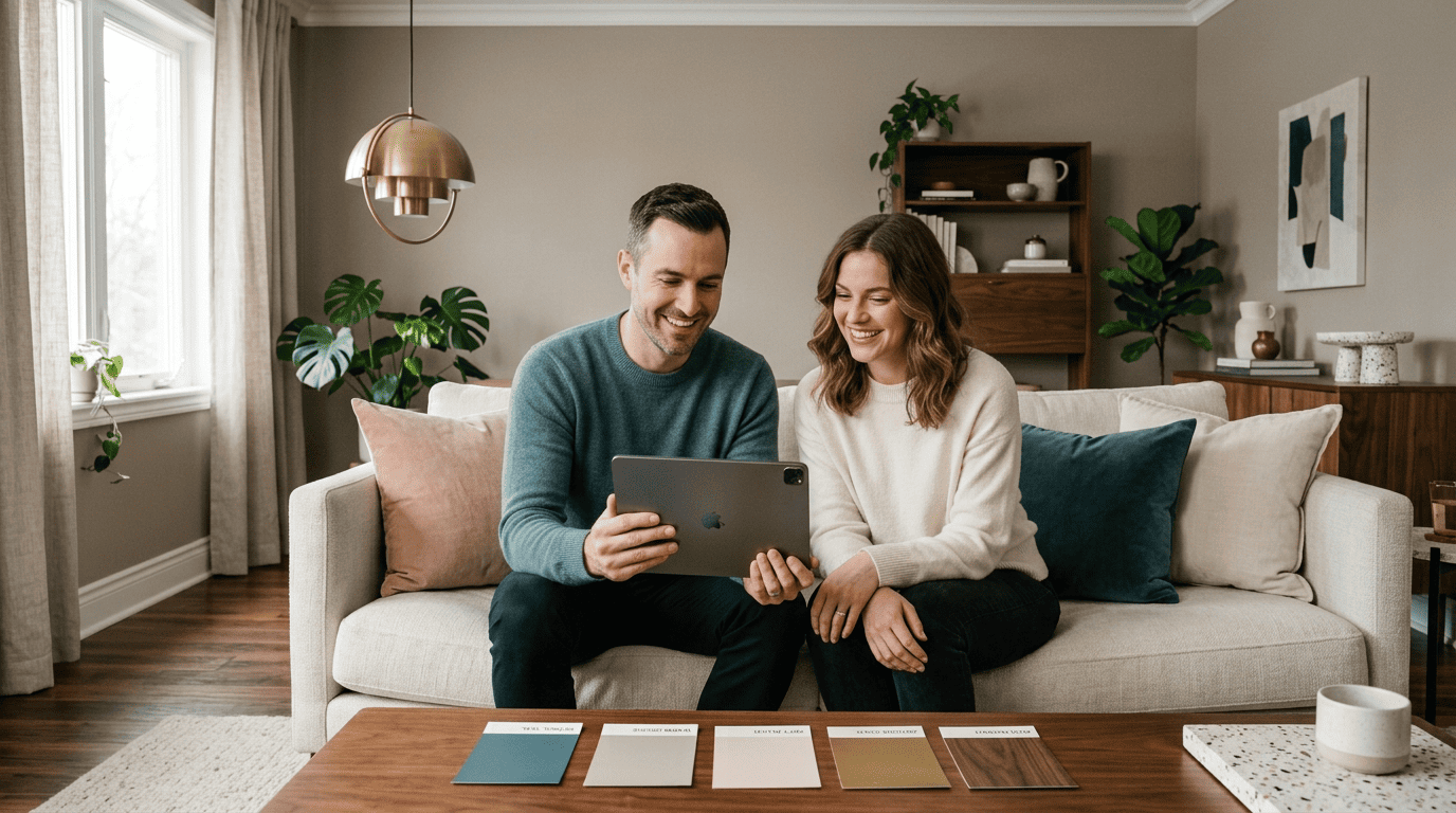 A home designer and homeowner reviewing an AI-generated paint palette on a tablet in a contemporary living room