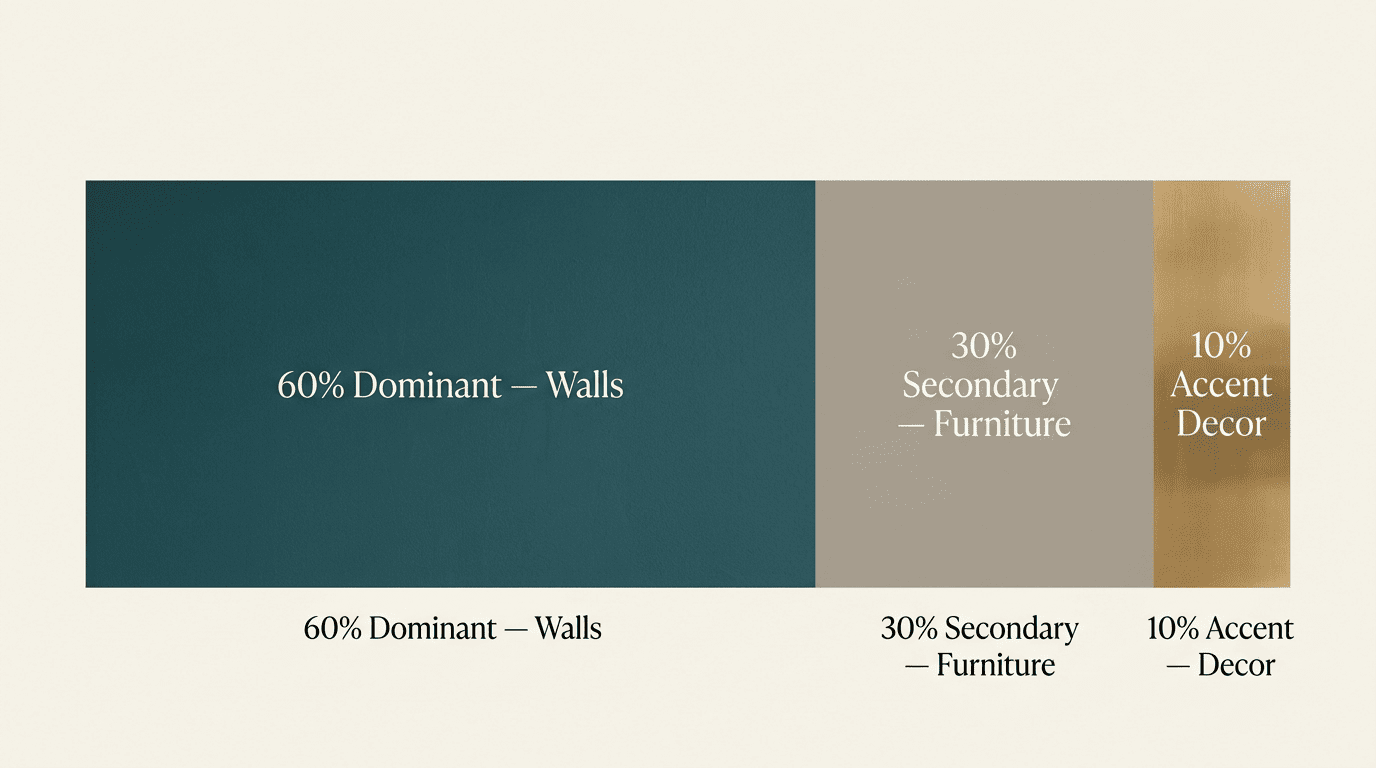 The 60-30-10 interior color rule shown as a proportional bar: 60% dominant wall color, 30% secondary, 10% accent