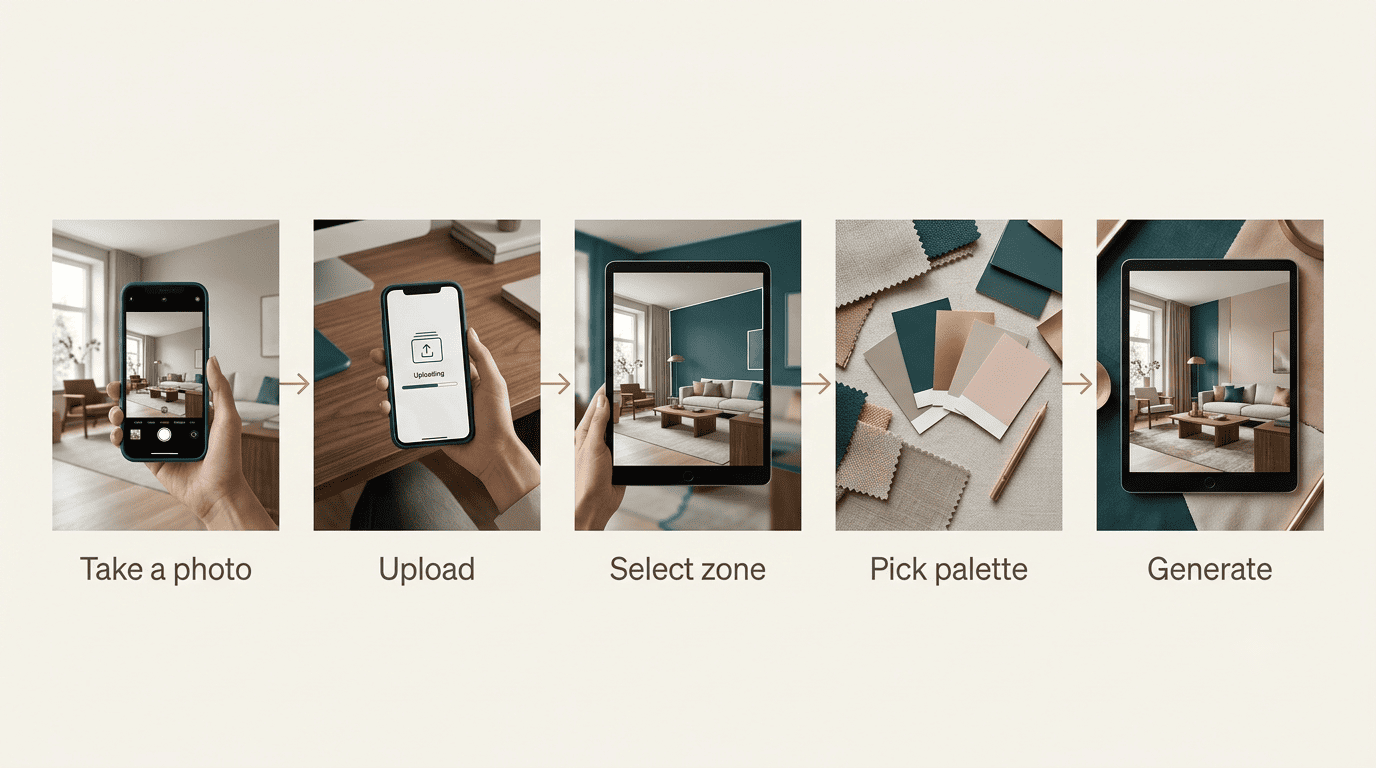 Five-step AI paint picker flow: take a photo, upload, select zone, pick palette, generate