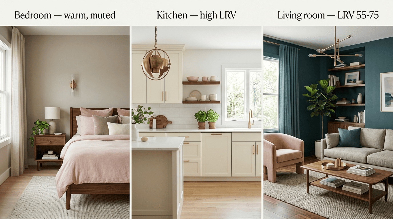 Room-by-room palette comparison: warm muted bedroom, high-LRV kitchen, and balanced living room