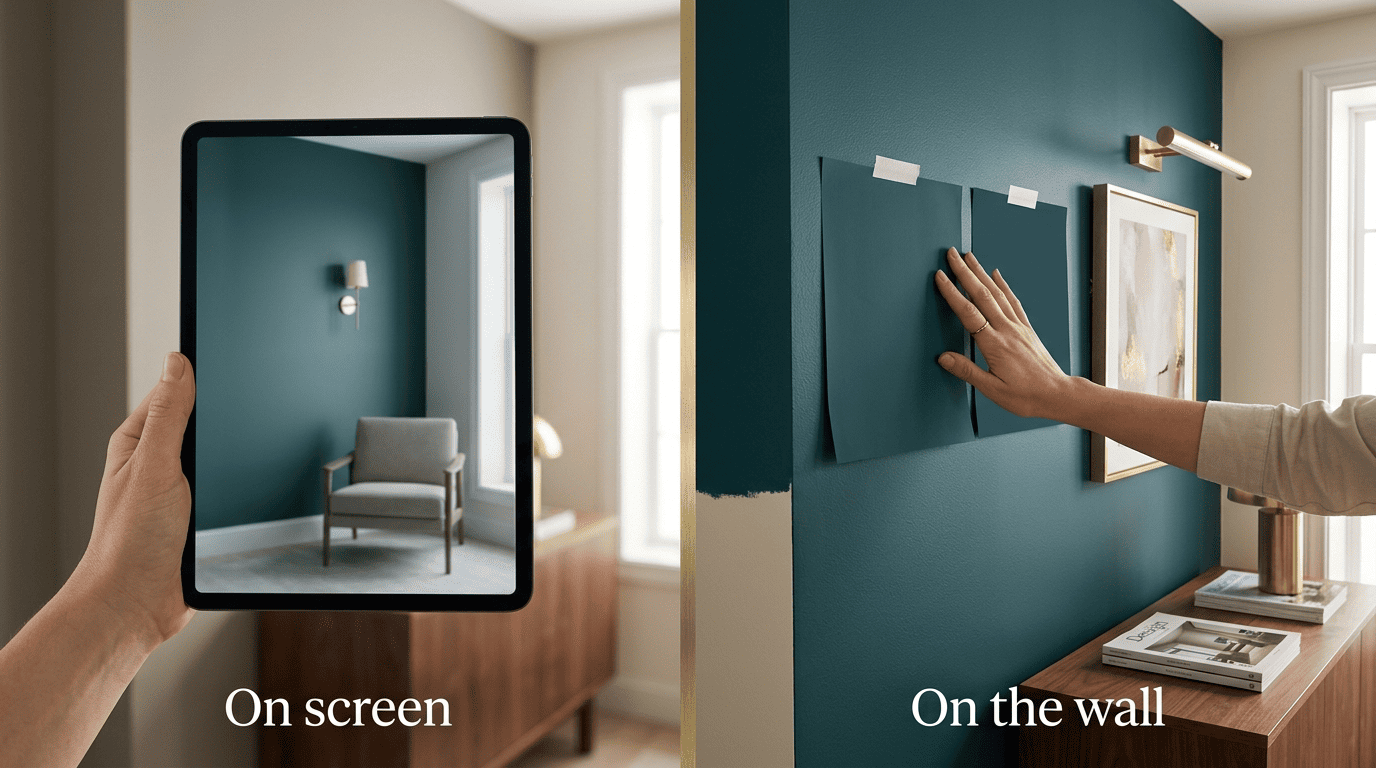 Split comparison of an AI paint render on a tablet screen versus a physical paint swatch taped to the real wall