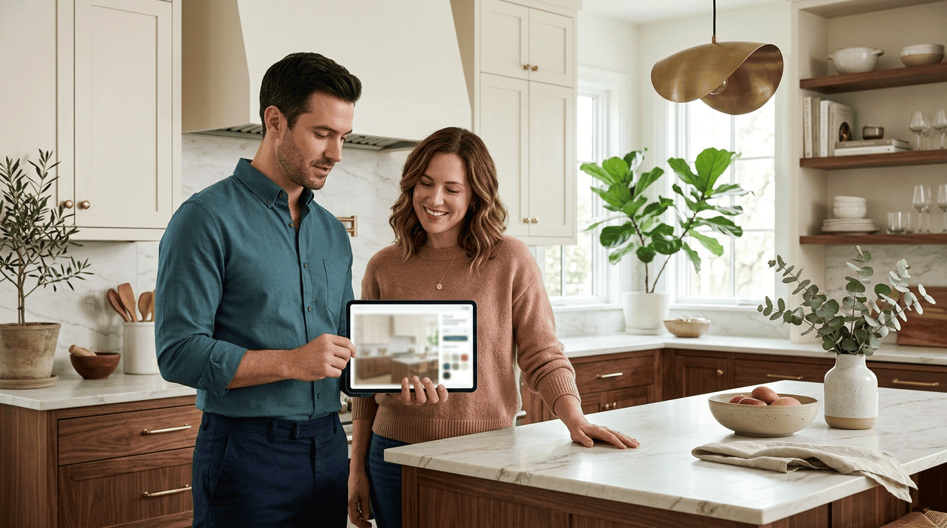 A home designer showing a homeowner an AI kitchen redesign concept on a tablet in a contemporary kitchen
