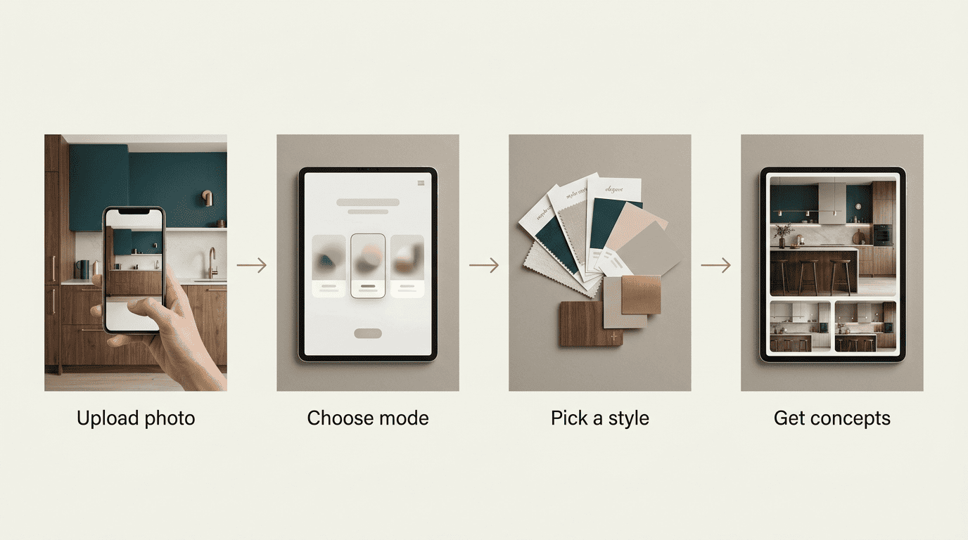 Four-step AI kitchen design flow: upload photo, choose mode, pick a style, get concepts