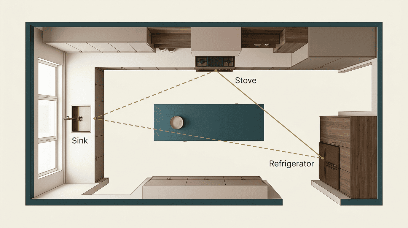 Kitchen work triangle diagram connecting the sink, stove, and refrigerator on a floor plan
