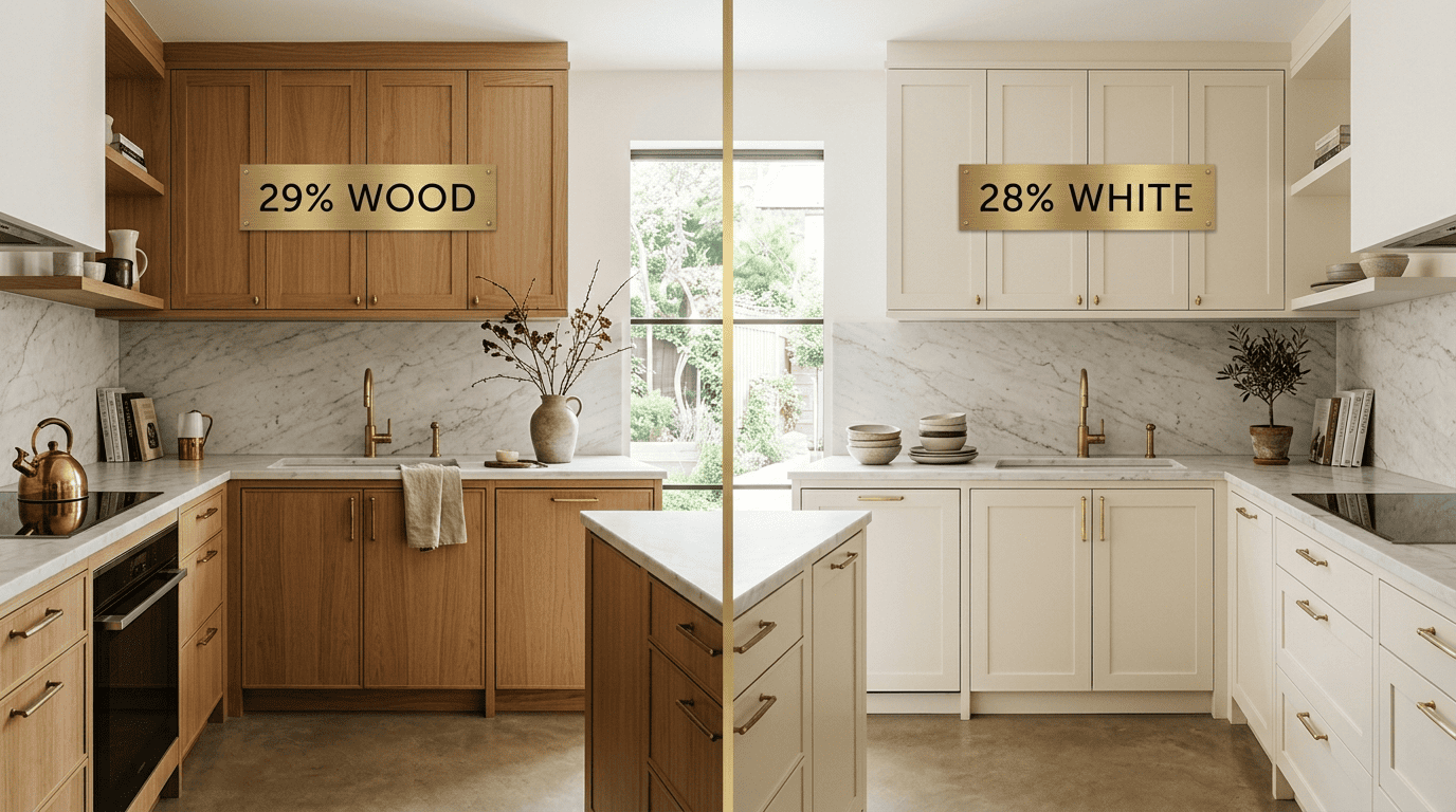 Split comparison of wood-tone kitchen cabinets versus white cabinets showing the 2026 trend