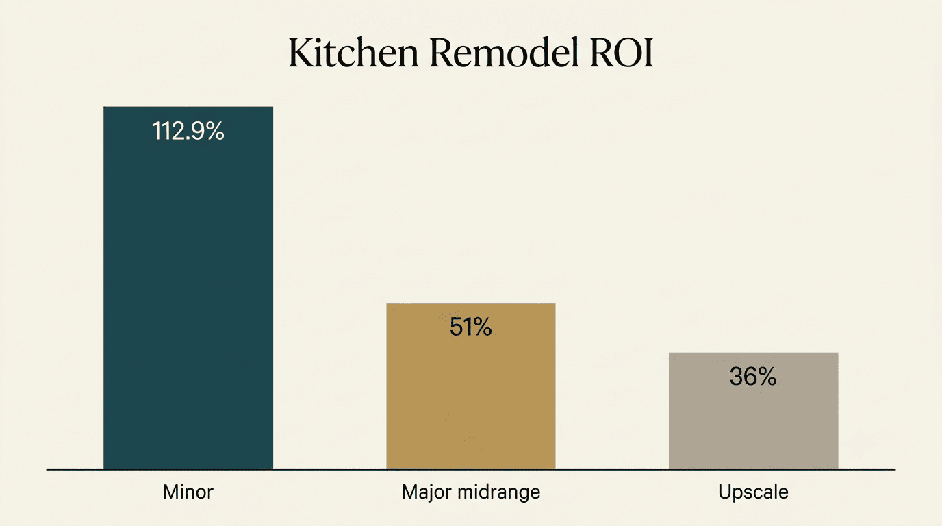 Bar chart of kitchen remodel ROI: minor 112.9%, major midrange 51%, upscale 36%