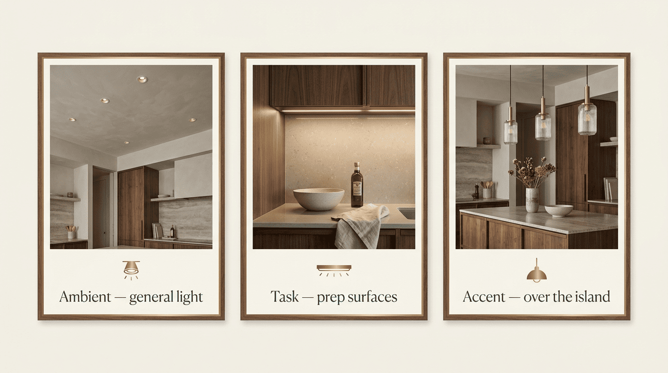 Three kitchen lighting layers: ambient recessed lights, task under-cabinet LEDs, and accent pendants