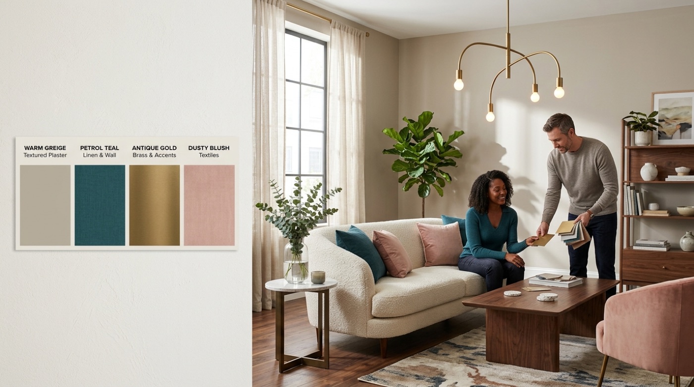 A cohesive interior color palette with paint swatches and the contemporary room the colors are applied to
