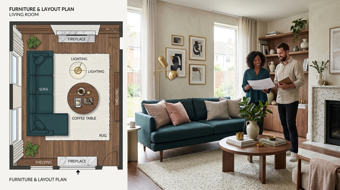 An optimized furniture layout and floor plan for a living room with sofa, rug and lighting arranged well