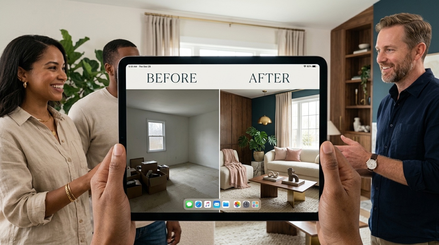 A plain empty room transformed into a beautifully styled contemporary space, shown before and after in a design app