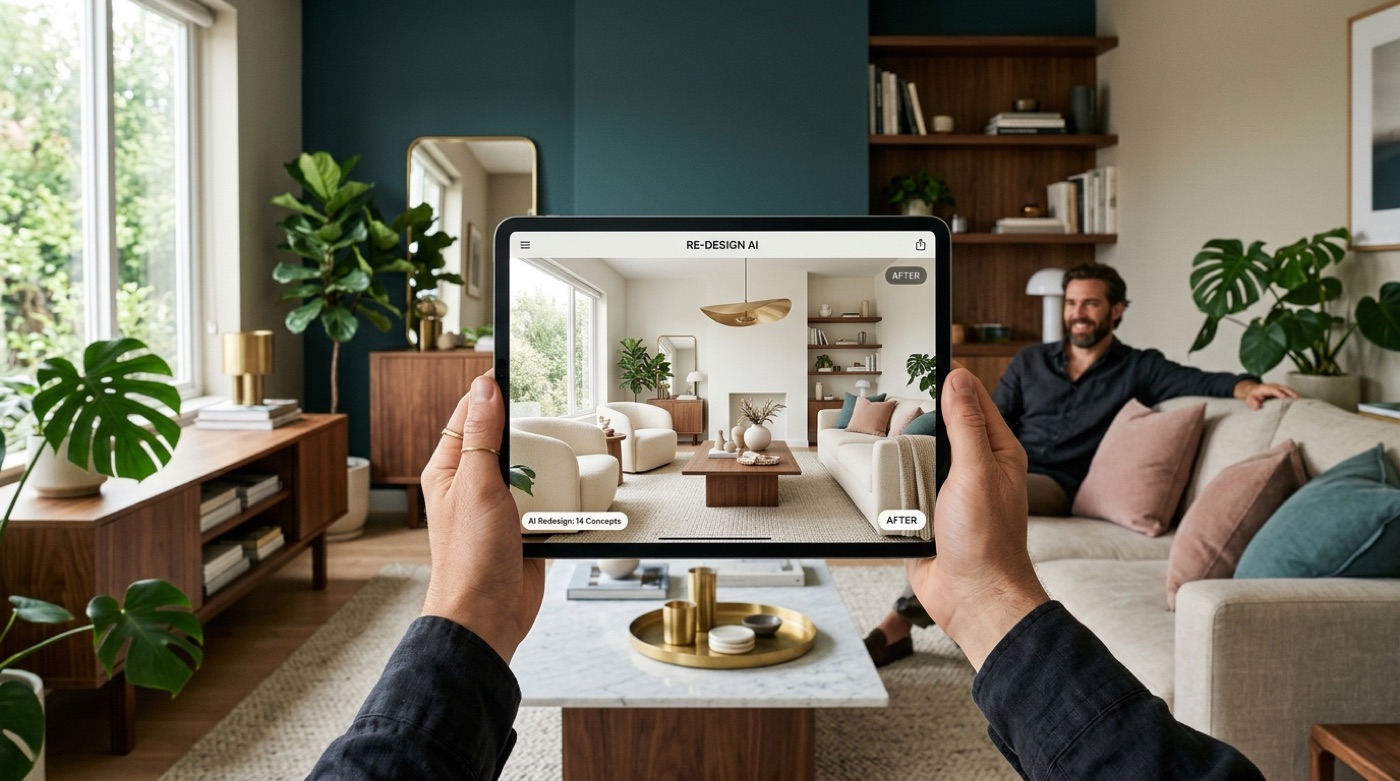 A beautiful contemporary living room with a tablet showing an AI-generated redesign of the same room