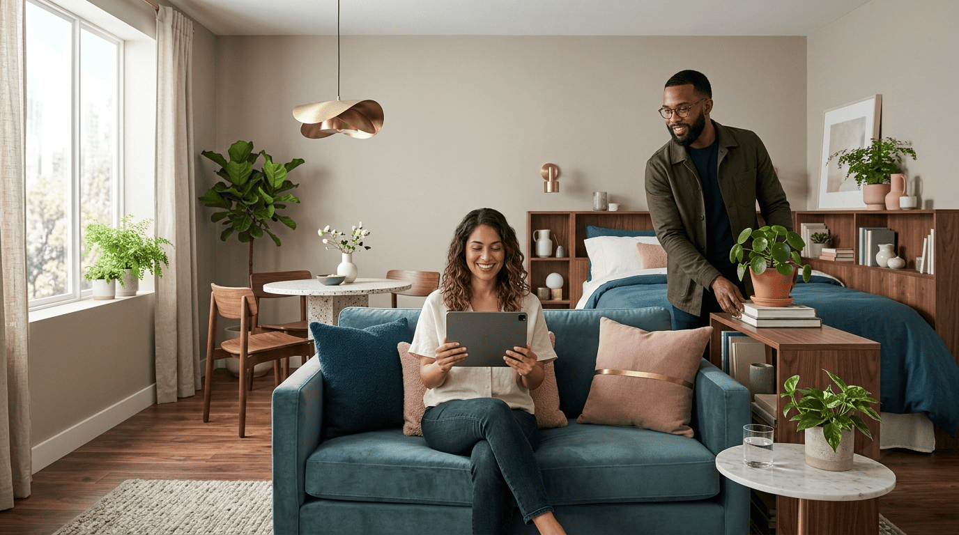 Bright compact studio apartment with sofa, dining nook, and bed area, a resident reviewing the layout on a tablet