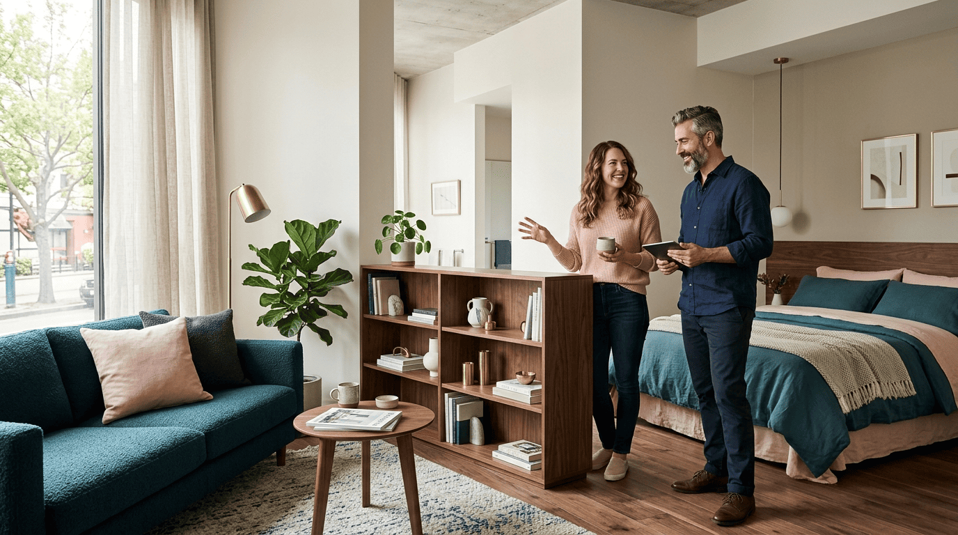 Studio zoned by a low open bookshelf separating a sofa living area from the bed while keeping the room open